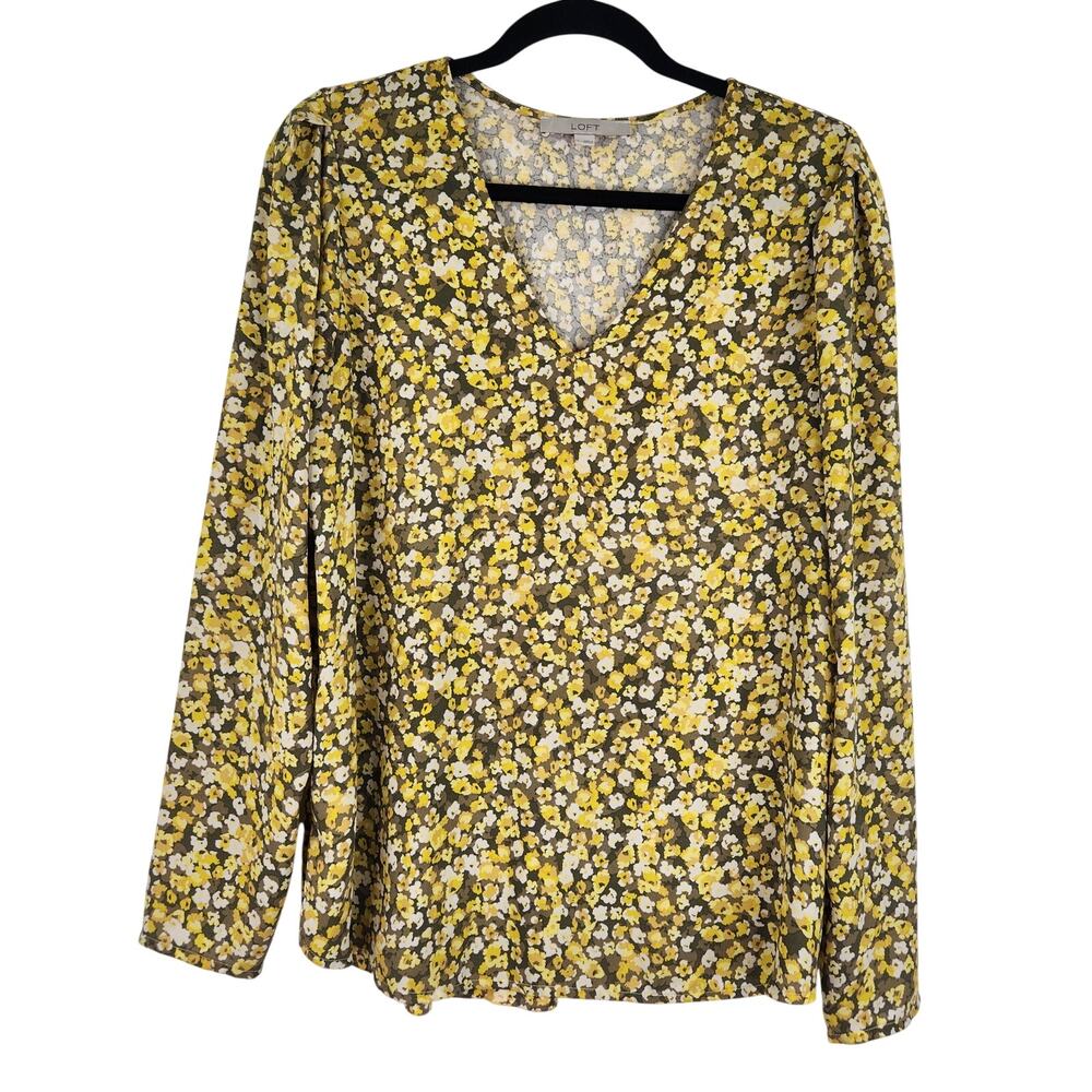 LOFT Green Yellow Floral V-neck Long Sleeve Blouse Women's Large Bohemian